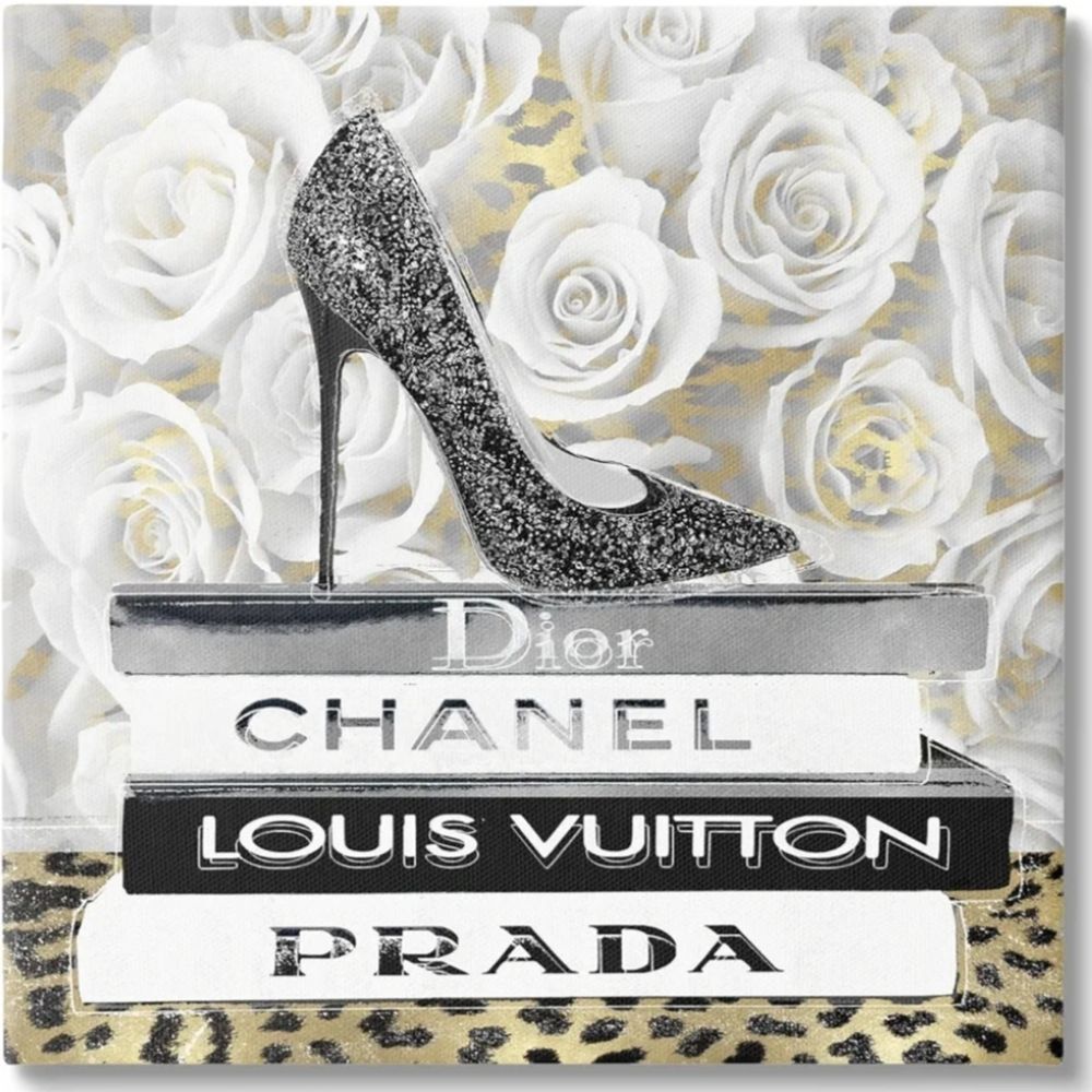 Instinct Style Fashion High Heels With White Flowers Framed Wall Decor